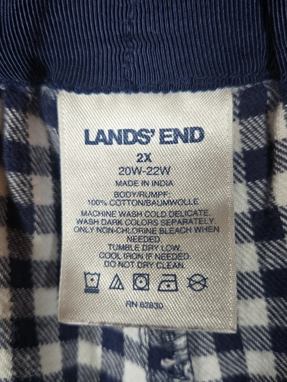 Lands' End Women's Cotton Pajama Set 2XL Navy Gingham Long Sleeve Top & Shorts